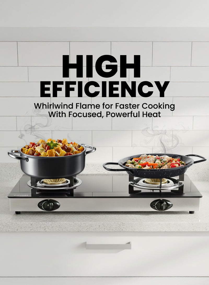 TEAM Double Burner Gas Cooker with Safety Device | Toughened Safety Glass | Auto Ignition | High‑Efficiency Whirlwind Flame | Super Slim Body | LPG Gas Stove for Home Kitchen - Image 2